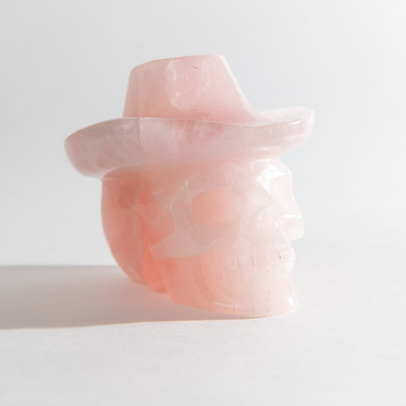 Rose Quartz Skull W Cowboy Hat